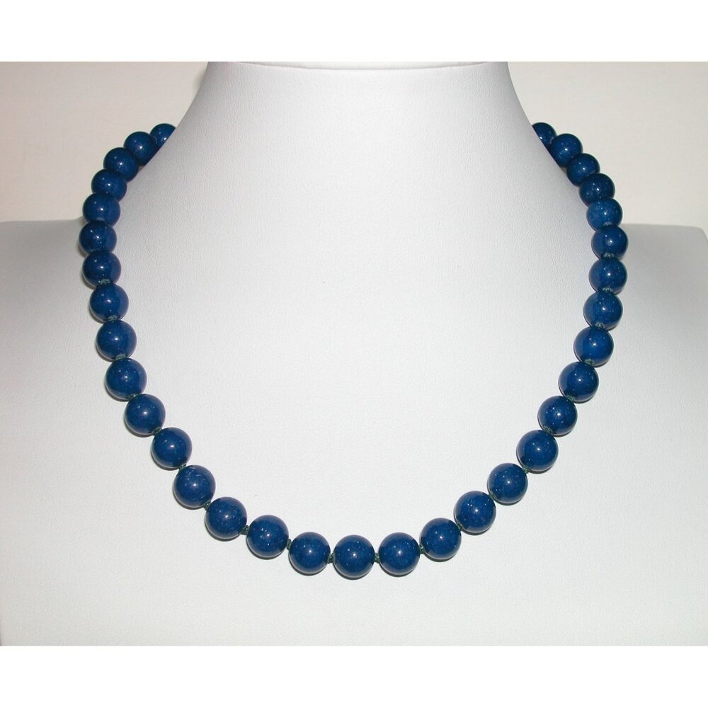 Glass Blue Round Beaded Necklace With Silver-Tone Spring Clasp